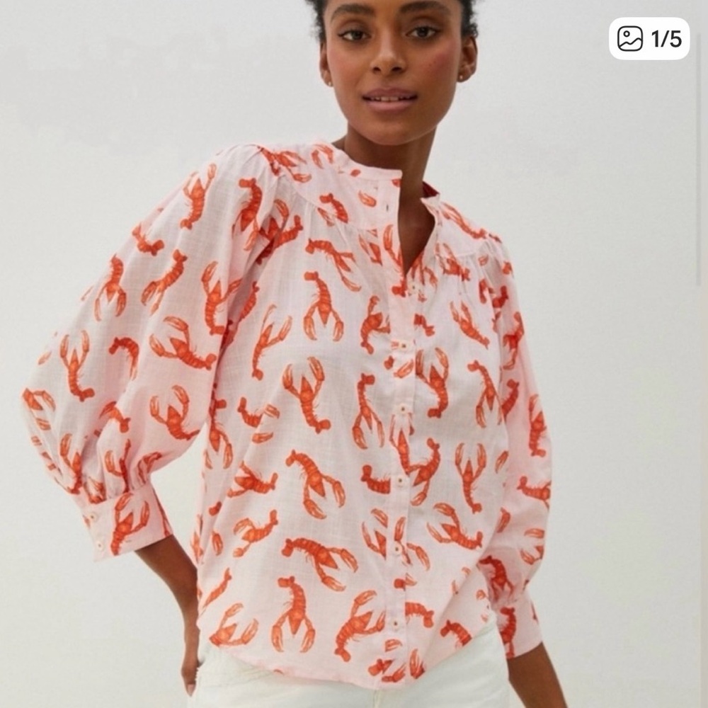 Maeve Anthropologie Lobster Print Button Down Blouse XS Pink Coastal Cotton Top